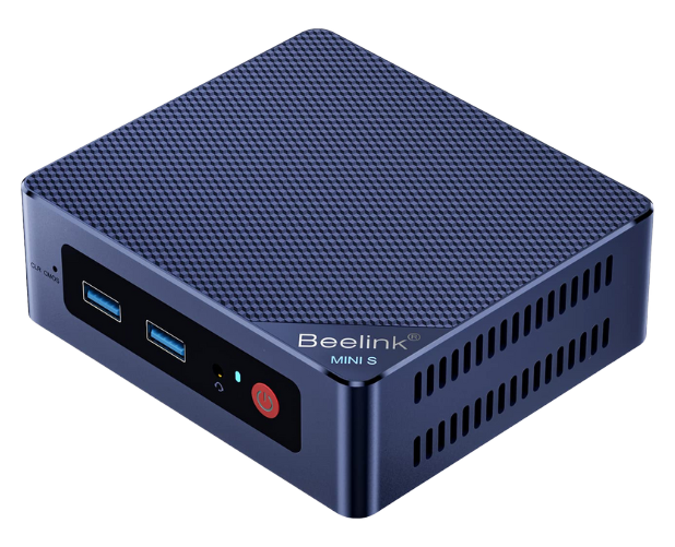 Mini PC Beelink MINI S em ângulo diagonal, com acabamento em textura quadriculada azul, duas portas USB frontais, botão de energia vermelho e entradas de ventilação laterais.